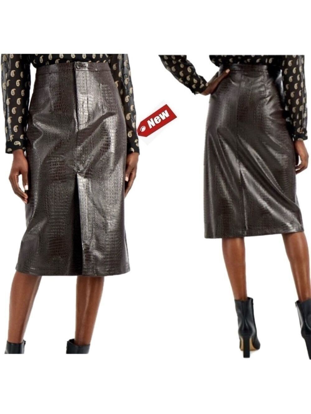 INC International Concepts Brown Reptile Embossed faux leather Pencil Skirt 6